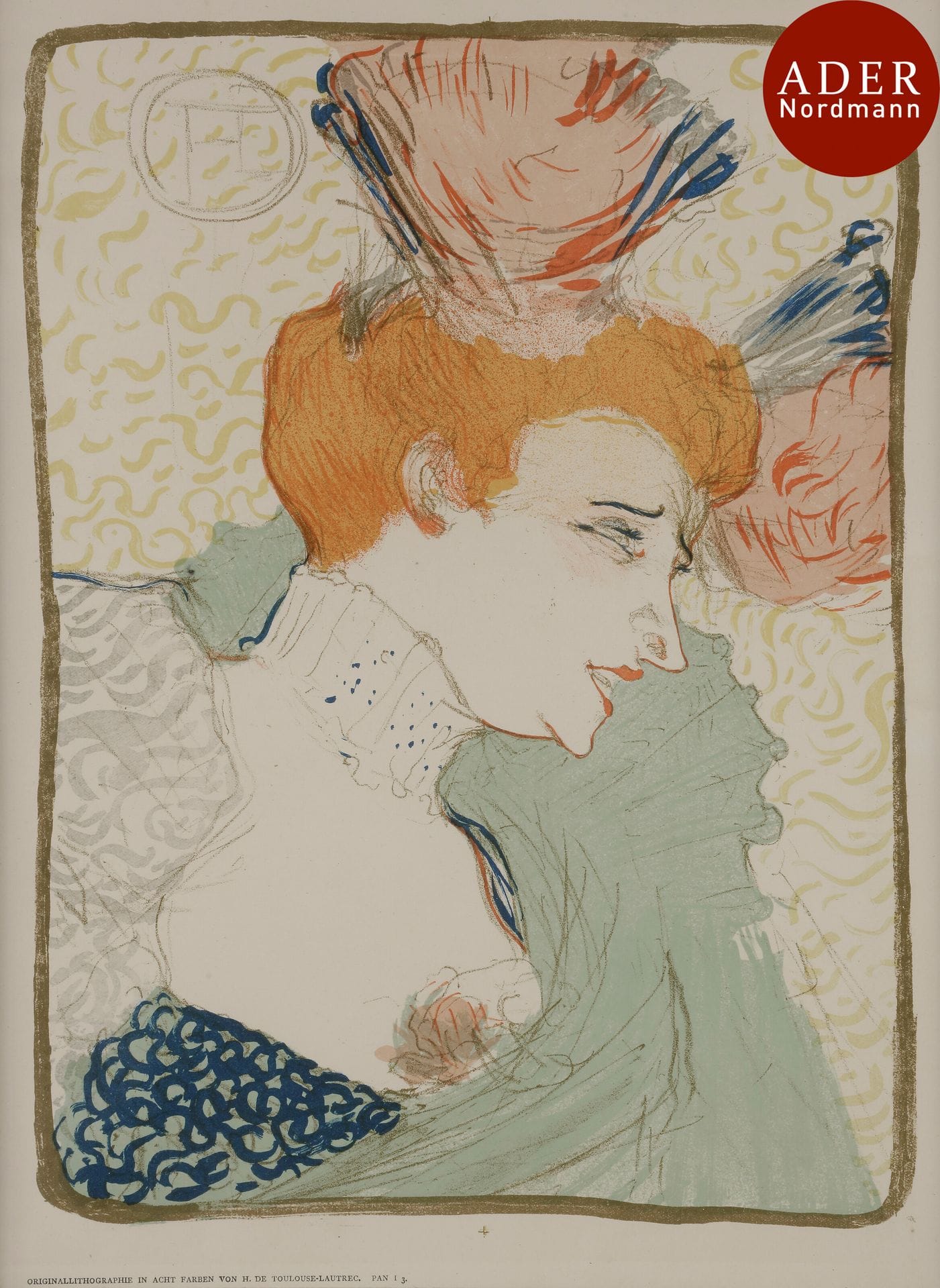 Henri de Toulouse-Lautrec (1864-1901)
 Mademoiselle Marcelle Lender en buste. 1895. Lithographie. 240 x 325. Delteil 102 ; Wittrock 99. Impression en couleurs. Très belle et fraîche épreuve sur vélin blanc, avec la mention imprimée en pied : « Originallithographie in acht Farben von H. de Toulouse-Lautrec, pan I 3. » Toutes marges. Cadre.