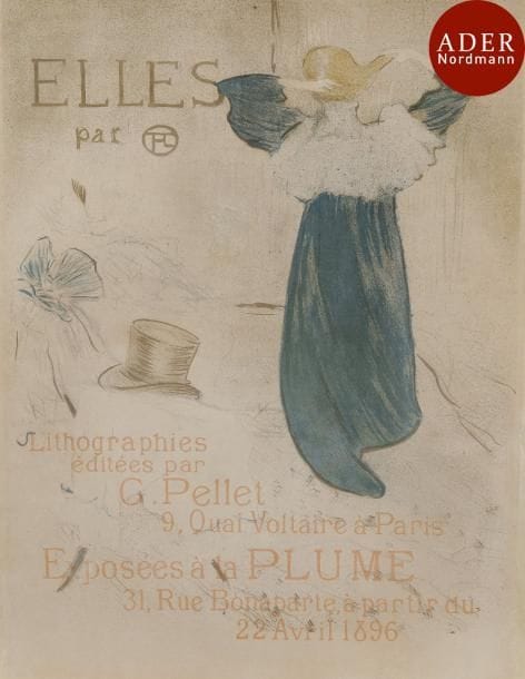 Henri de Toulouse-Lautrec (1864-1901)
 Elles. Affiche annonçant une exposition dans les locaux de La Plume. 1896. Lithographie. [475 x 623]. Delteil 179 ; Wittrock 155. Impression en couleurs. Bonne épreuve finement doublée, avec accidents habilement restaurés aux bords du feuillet et fortes reprises à la gomme-laque dans les couleurs. Toutes marges.