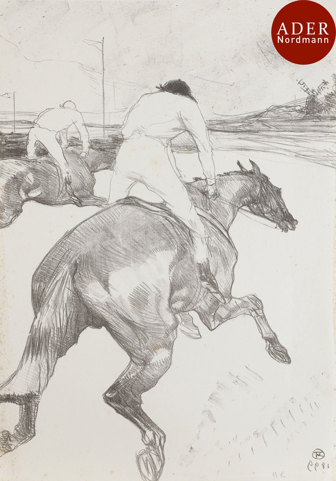 Henri de Toulouse-Lautrec (1864-1901)
 Le Jockey. 1899. Lithographie. 360 x 515. Delteil 279 ; Wittrock 308. Très belle épreuve tirée en noir pleines marges sur chine volant. Semis de minuscules rousseurs et quelques fins plis cassés aux bords du feuillet. Petite inscription au crayon en pied : « 373 hm » (comme à l’ordinaire).

 Le tirage en noir sur chine volant compte environ 70 épreuves. Le tirage en couleurs en compte 112 (100 sur chine, 12 sur japon). 