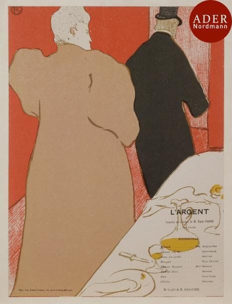 Henri de Toulouse-Lautrec (1864-1901)
 Un Monsieur et une Dame. Programme pour L’Argent. Comédie en 4 actes de M. Émile Fabre. Les Menus-Plaisirs, 5 mai 1895. Lithographie. [237 x 318]. Delteil 15 ; Wittrock 97 ; Aitken 28. Impression en couleurs. Très belle épreuve, très fraîche de couleurs, doublée sur japon fort. Sans marges comme à l’ordinaire.

 Visible en pied, le long du bord inférieur, le haut du même sujet – corroborant le fait que le même sujet a été reporté à plusieurs reprises sur une seule pierre avant que les sujets soient découpés individuellement.