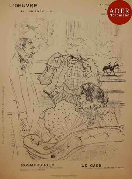 Henri de Toulouse-Lautrec (1864-1901) 
 Rosmersholm ; Le Gage. Programme pour le théâtre de l’œuvre, saison 1897-1898. Lithographie. [276 x 372]. Delteil 212 ; Wittrock 237 ; Aitken 96. Très belle épreuve sur vélin mince chamois, doublée sur vélin blanc fort. Toutes marges.