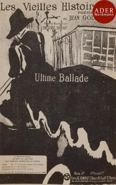 Henri de Toulouse-Lautrec (1864-1901) 
 Les Vieilles Histoires / poésies de Jean Goudezki. Ultime ballade. 1893. Lithographie. [345 x 270]. Delteil 23 ; Wittrock 10. Épreuve illustrant en couverture le double feuillet de vélin mince portant la partition et le texte typographié.