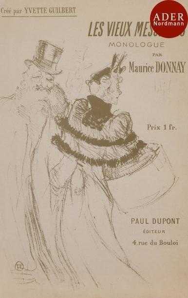 Henri de Toulouse-Lautrec (1864-1901) 
 Les Vieux Messieurs, monologue par Maurice Donnay. 1894. Lithographie. [340 x 266]. Impression en vert olive. Delteil 75 ; Wittrock 57. Épreuve illustrant en couverture le double feuillet de vélin mince portant le texte typographié du monologue.