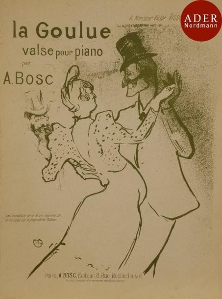 Henri de Toulouse-Lautrec (1864-1901) 
 La Goulue, valse pour piano. 1894. Lithographie. 245 x 308. Delteil 71 ; Wittrock 65. Impression en vert olive. Très belle épreuve sur vélin, doublée sur vélin blanc fort. Toutes marges.