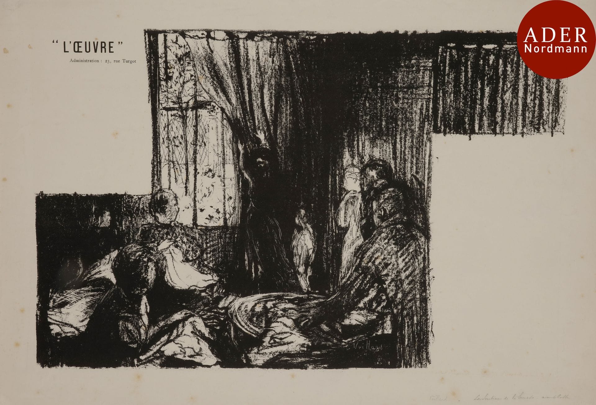 Édouard Vuillard (1868-1940)
 Les Soutiens de la société, pièce en 4 actes de Henrik Ibsen. Programme pour le théâtre de l’Œuvre. 1896. Lithographie. 495 x 315. Roger-Marx 24 ; Aitken 85. Très belle épreuve sur vélin glacé, avant le texte de la distribution et la publicité pour la Revue Encyclopédique. Rousseurs claires éparses. Toutes marges.