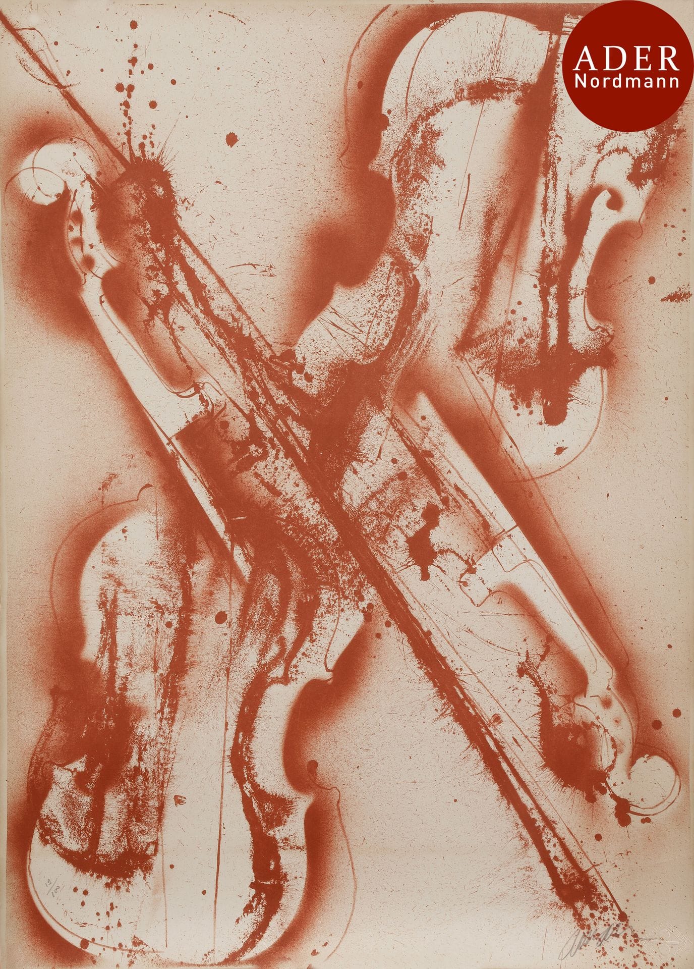 Arman (Armand Fernandez, dit) (1928-2005)
 Reine de violon. 1974. Lithographie. 560 x 760. Otmezguine et Moreau 77 b. Impression en sanguine. Belle épreuve tirée pleines marges sur vélin, numérotée et signée au crayon. Légère oxydation. Traces de colle dans les angles au verso. Tirage à 100 épreuves. Éd. de la Société Financière et Foncière, Boulogne.