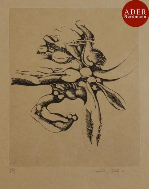 François Béalu (né en 1932)
 Sujets divers : La Mante rouge ; Gyromètre ; etc. 1960-1973. Pointe sèche ; eau-forte ; eau-forte et aquatinte. Formats divers. Belles épreuves sur différents papiers, une tirée en rouge, signées et annotées ou datées au crayon. Légères traces d’oxydation à certaines pl. Quelques rousseurs, salissures ou traces de plis. Cadres. Ens. 8 p.