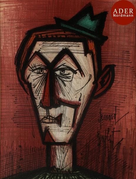 Bernard Buffet (1928-1999)
 Le Clown au fond rouge ; Le Clown Jojo. (Pl. pour l’ouvrage Bernard Buffet, œuvre gravé, Paris, Mazo éd., 1967). Lithographie. Chaque à vue : 240 x 320. Sorlier 108 et 112. Impression en couleurs. Belles épreuves sur vélin, du tirage à nombre. Pas de marges apparentes. Cadres. Ens. 2 p.