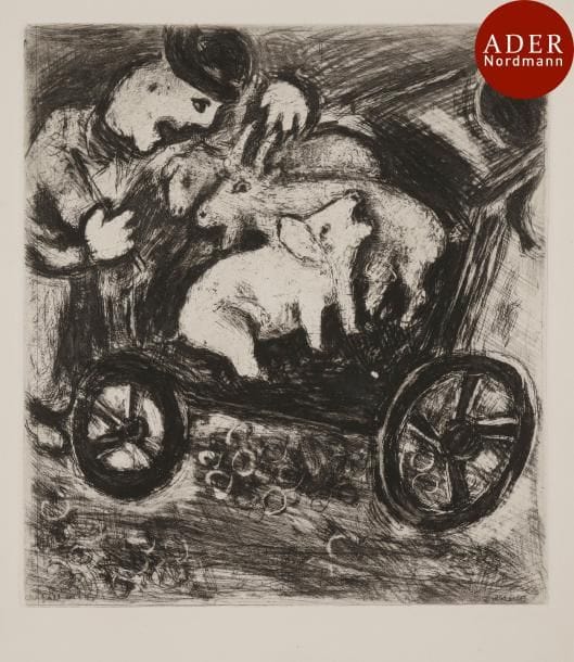 Marc Chagall (1887-1985)
 Fables de La Fontaine, 3 pl. (La Génisse, la chèvre et la brebis en société avec le lion ; Le Cochon, la chèvre et le mouton ; Le Loup et le chien). 1952. Eau-forte. Chaque 265 x 290. Cramer 22. Très belles épreuves, une sur japon nacré, annotée au crayon « Bon » par le tireur, 2 sur vélin dont une rehaussée à la gouache, numérotée au crayon. Toutes marges. Ens. 3 p.