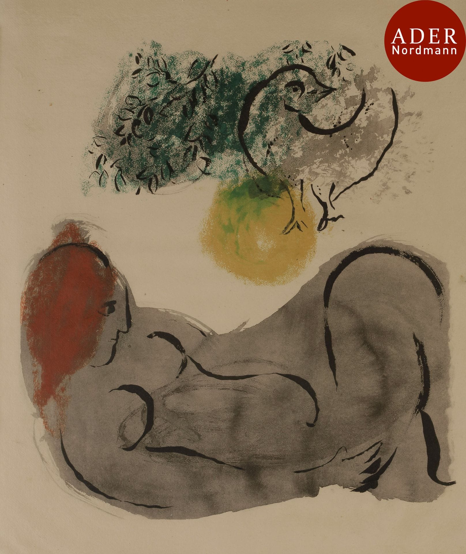 Marc Chagall (1887-1985) (d’après)
 Femme et oiseau. Pl. de l’album Couleur Amour, Au Vent d’Arles éd., 1958. Pochoir en couleurs sur fond de phototypie (procédé Jacomet). 355 x 405. Très belle épreuve sur vélin fort grenu. Marges. Cadre.