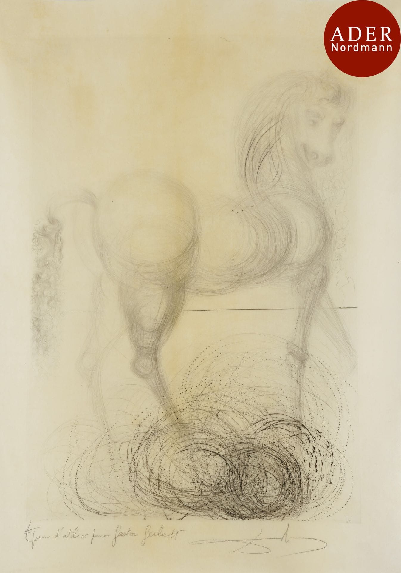 Salvador Dalí (1904-1989)
 La Ville odorante (pl. pour Roi, je t’attends à Babylone). 1973. Pointe sèche. 360 x 520. Michler et Löpsinger 601. Très belle épreuve sur parchemin, annotée « Epreuve d’atelier pour Gaston Gerbault » et signée au crayon. Légères traces d’oxydation. Toutes marges. 