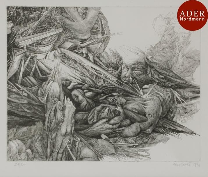 Yves Doaré (né en 1943)
 Agonie ; L’Esprit de terre... 1973-1975. Burin et eau-forte. Formats divers. Très belles épreuves sur vélin blanc, numérotées, signées et datées au crayon, 2 titrées. Toutes marges. Cadres. Ens. 3 p.