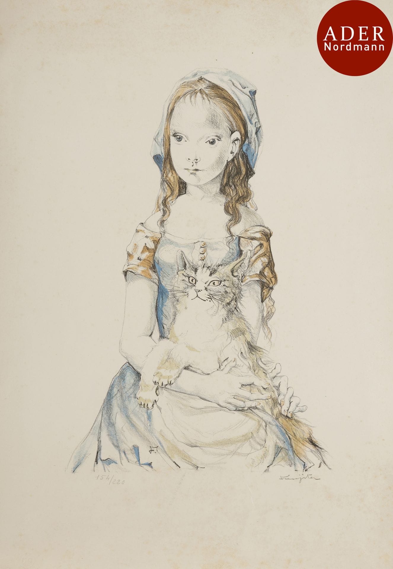 Léonard-Tsuguharu Foujita (1886-1968)
 Jeune fille au chat. 1959. Lithographie. 245 x 385. Impression en couleurs. Très belle épreuve sur vélin, numérotée et signée au crayon. Rousseurs claires éparses. Quelques fins plis cassés. Infimes accidents aux bords du feuillet. Tirage à 220 épreuves. Timbre sec : Guilde de la Gravure (Lugt 4670).