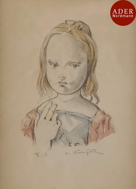 Léonard-Tsuguharu Foujita (1886-1968)
 Petite fille blonde en buste. 1966. Lithographie. 90 x 125. Très belle épreuve sur vélin, coloriée à l’aquarelle, annotée « E.A. » et signée au crayon, légèrement oxydée, portant au dos une correspondance signée de l’artiste et de son épouse, à la date du 1er mai 1966. Cadre.