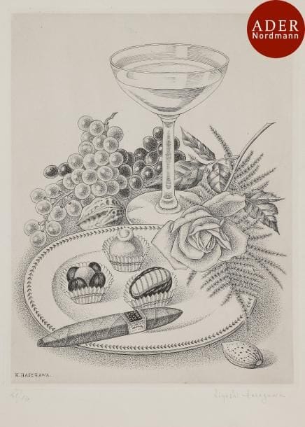 Kiyoshi Hasegawa (1891-1980)
 Nature morte à la coupe de champagne. Menu de la Société des Peintres-Graveurs Français, dîner du 13 décembre. 1956. Burin. 176 x 228. Reifu Syobo 622. Exceptionnelle épreuve sur double feuillet de vélin avec texte du menu typographié à l’intérieur, numérotée et signée au crayon, enrichie d’abondants dessins et envois à Mme Gompel par divers artistes ayant participé au dîner (K. Hasegawa, J. Vilató, H. de Waroquier, J. Villon, E. Goerg, M. Gromaire, Avati, etc.). Toutes marges. Tirage à 110 épreuves.