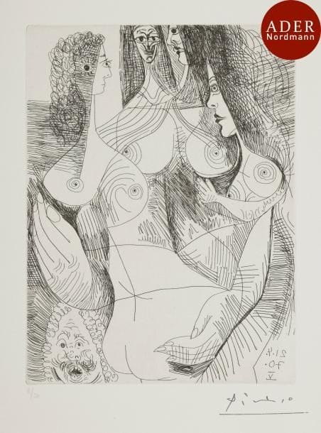 Pablo Picasso (1881-1973)
 Quatre femmes et tête rembranesque. (Les 156¸ pl. 42). 1971. Eau-forte. 147 x 204. Bloch 1897 ; Baer 1903 B a. Parfaite épreuve sur vélin, numérotée et timbrée (Lugt 2026e), du tirage à 50 épreuves effectué en 1978 pour la Galerie Leiris. Toutes marges.