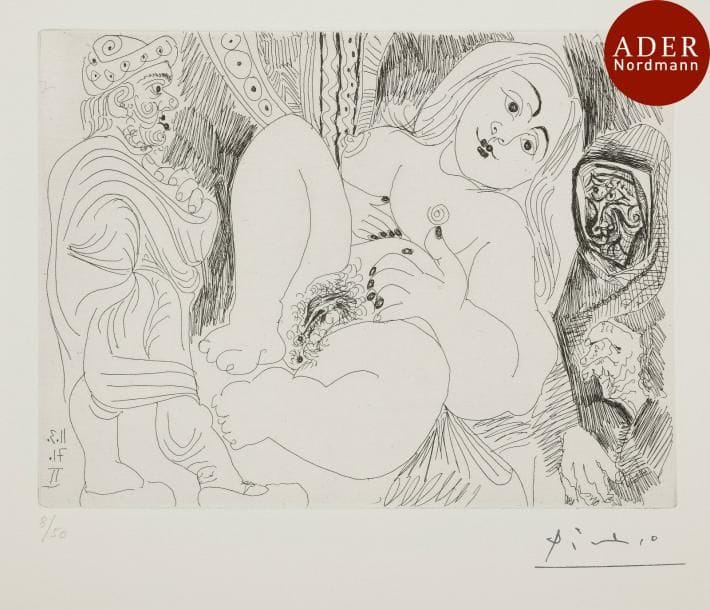 Pablo Picasso (1881-1973)
 Vieil homme drapé, Célestine et fille. (Les 156¸ pl. 75). Eau-forte. 205 x 147. Bloch 1930 ; Baer 1939 B a. Parfaite épreuve sur vélin, numérotée et timbrée (Lugt 2026e), du tirage à 50 épreuves effectué en 1978 pour la Galerie Leiris. Toutes marges.