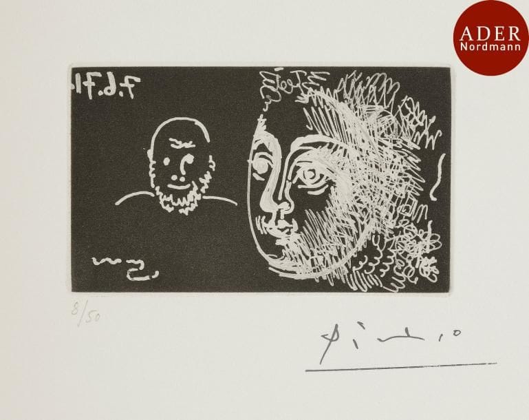 Pablo Picasso (1881-1973)
 Autoportrait avec une femme. (Les 156¸ pl. 149). 1971. Aquatinte. 98 x 56. Bloch 2003 ; Baer 2013 B a. Parfaite épreuve sur vélin, numérotée et timbrée (Lugt 2026e), du tirage à 50 épreuves effectué en 1978 pour la Galerie Leiris. Toutes marges.