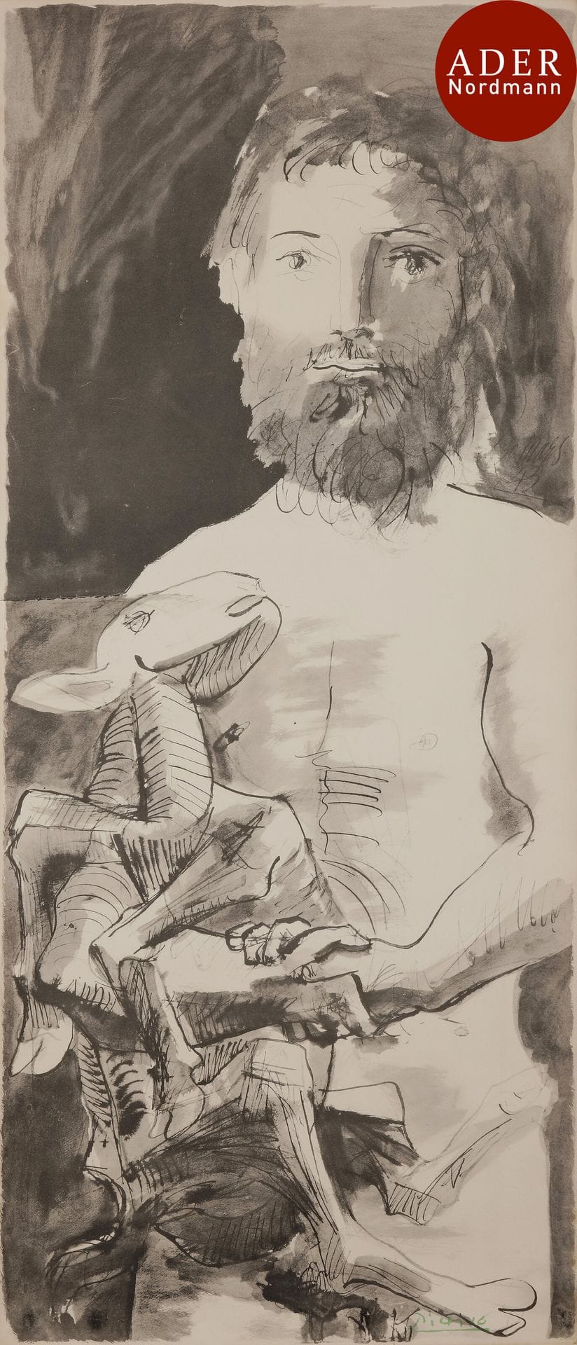 Pablo Picasso (1881-1973) (d’après)
L’Homme au mouton. 1967. Lithographie (procédé Jacomet). 405 x 960. Très belle épreuve sur vélin crème, la signature imprimée en vert au pochoir, du tirage à part pour l’ouvrage La Flûte double, Vent d’Arles éd., Paris. Très fine bande d’oxydation aux bords du feuillet. Toutes marges.