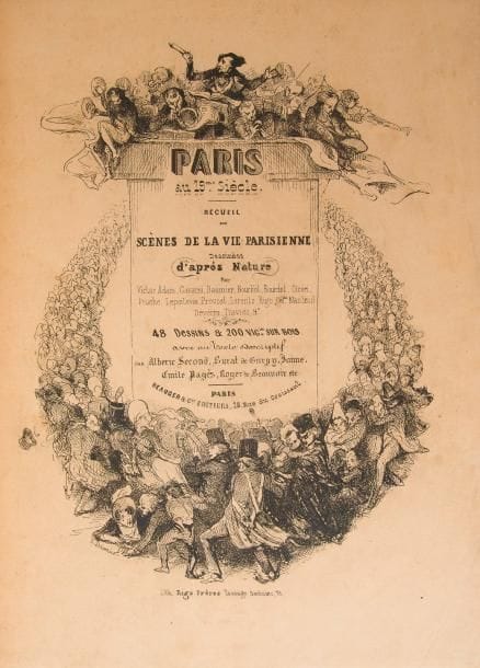 [DAUMIER (Honoré) - GAVARNI - NANTEUIL, etc.].
Paris au dix-neuvième siècle, recueil de scènes de la vie parsienne dessinées d’après nature.
Paris : Beauger et compie, Aubert et Cie, Delloye, Curmer, Martinon, 1841. — In-folio, 354 x 266 : (1 f.), 96 pp., 48 planches, couverture illustrée. Demi-chagrin rouge à coins, dos à nerfs, tête dorée, non rogné, couverture conservée (reliure de la fin du XIXe siècle).

Superbe et rare publication, richement illustrée, ici en seconde édition après celle de 1839.
Elle comprend 222 vignettes gravées sur bois, dont une sur le titre et 221 dans le texte, ainsi que 48 lithographies en noir hors texte, d’après Daumier, Gavarni, Victor Adam, Bouchot, Bourdet, Cicéri, Pruche, Lepoitevin, Provost, Lorentz, Rigo, Célestin Nanteuil, Devéria, Traviès, Bussereau, Delacroix, etc. Les 48 lithographies sont comprises dans des encadrements variés en bistre par Malapeau portant la mention « Édité par le Charivari. » Cette illustration accompagne des textes d’Albéric Second, Burat de Gurgy, Jaime, Émile Pagès, Emmanuel Gonzalès, etc.
Exemplaire complet de la couverture illustrée par Honoré Daumier.

Légère craquelure sur le haut des charnières, manque sur le bord supérieur du premier plat. Intérieur en parfait état de conservation.
