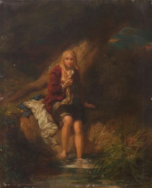 JOHANNOT (Tony).
Jeune femme les pieds dans l’eau, vers 1835-1840.
Signée en bas à droite, sous le cadre.
46 x 38 cm

Huile sur toile représentant probablement Virginie, héroïne du roman de Bernardin de Saint-Pierre Paul et Virginie. Tony Johannot fut le principal illustrateur de l’édition Curmer de 1838. Le tableau reprend le thème d’une gravure intitulée Virginie à la fontaine tirée de l’édition Curmer pages 94-95.
Infime accroc à la toile.
Sous cadre.