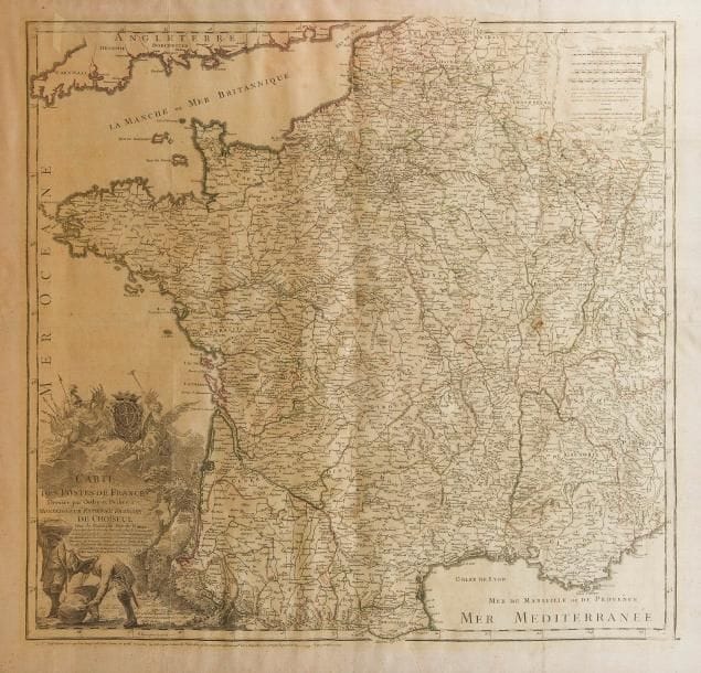 [CARTE] JAILLOT (Bernard-Antoine).
Carte des Postes de France, dressée par Ordre et dédiée à Monseigneur Estienne François de Choiseul Duc de Sainville, Pair de France…
Paris : Jaillot, 1764. — 652 x 680, encadrée.

Belle et rare carte gravée par Pierre Bourgoin, ornée d’un beau cartouche surmonté des armes du duc de Choiseul.
Rare exemplaire imprimé sur soie, avec les limites coloriées.
Exemplaire encadré. Quelques salissures, usures et légers manques aux pliures.