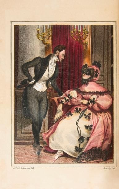 ALBUM DE LA MODE
Chroniques du monde fashionable ou choix de Morceaux de Littérature contemporaine.
Paris : Louis Janet, 1833. — In-8, 197 x 125 : vj pp., (1 f.), 376 pp., 13 planches. Demi-veau rouge, dos lisse orné de plaques à froid, tranches dorées, étui (reliure d’édition).

Superbe Keepsake réunissant des textes de Jules Janin, Henry Martin, Gustave Drouineau, du vicomte de Marquessac, d’Alexandre Dumas, Gustave Albitte, Émile Deschamps, Jules Lacroix, du vicomte d’Arlincourt, du bibliophile Jacob, de Petrus Borel et d’Eugène Sue. Il est illustré d’un faux titre gravé sur acier en noir et bleu, et de 12 très belles lithographies originales hors texte coloriées et gommées à l’époque, d’après Alfred et Tony Johannot, Devéria et Marie-Alexandre Alophe, dit Menut.
L’édition est annoncée le 29 décembre 1832 dans la Bibliographie de la France. 
Bon exemplaire dans sa rare reliure de l’éditeur, très bien conservé malgré de légers frottements aux coiffes. Fond de l’étui abîmé.