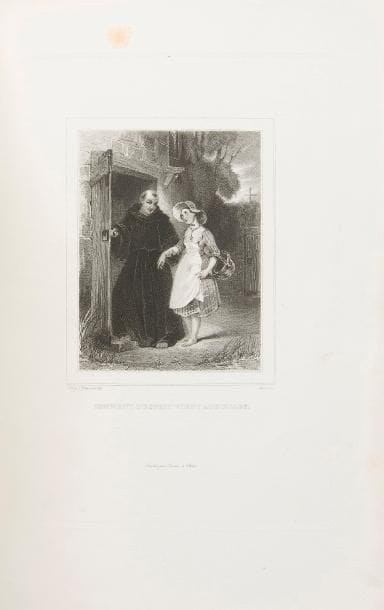LA FONTAINE (Jean de).
Douze vignettes et un portrait pour les Œuvres de La Fontaine.
Paris : Furne, [1830]. — In-4, 286 x 197 : 12 planches. Demi-maroquin brun à coins, dos à nerfs orné, non rogné (Bibolet).

Ensemble complet du portrait de La Fontaine et des 12 vignettes gravées sur acier par Blanchard, Cousin, Koenig, Lacour, Revel, Mauduit et Lemaitre d’après les dessins de Tony Johannot.
Exemplaire en épreuve sur papier vélin avec la lettre, parfaitement relié par Bibolet. Rousseurs éparses.
Provenance : Premorel Higgons, avec ex-libris.
On joint une suite incomplète d’une planche (Comment l’esprit vient aux filles), en feuilles, sur papier vélin avec la lettre, sous couverture de livraison bleue illustrée d’une vignette gravée sur bois.