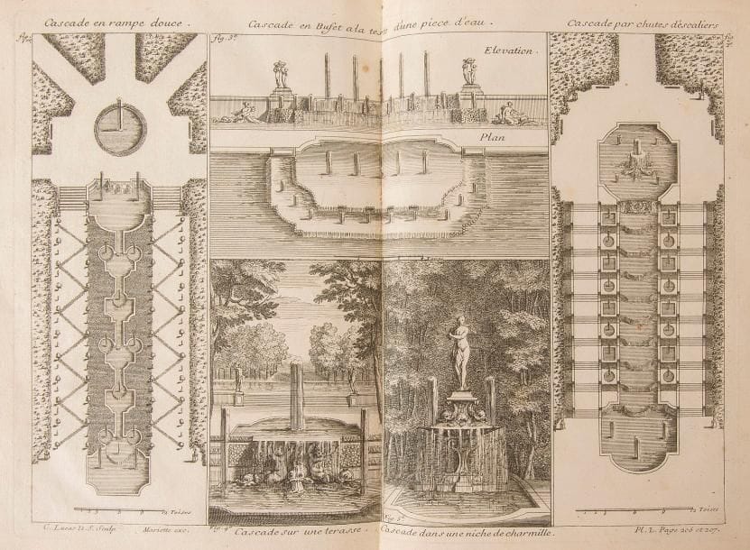 DEZALLIER D’ARGENVILLE (Antoine-Joseph).
La Théorie et la pratique du jardinage. Ou l’on traite à fond des beaux jardins apellés communément les jardins de propreté, Comme sont les Parterres, les Bosquets, les Boulingrins, &c.
Paris : Jean Mariette, 1709. — In-4, 247 x 190 : (4 ff.), 208 pp., 32 planches. Basane brune, dos à nerfs orné, tranches jaspées (reliure de l’époque).

Édition originale de ce traité primordial de Dezallier d’Argenville (1680-1765), maintes fois réédité et plusieurs fois traduits, qui a largement contribué à la diffusion du jardin à la française à travers toute l’Europe.
Historien d’art et naturaliste français, Dezallier d’Argenville s’adresse avec ce traité à « un particulier riche, & curieux de Jardinnage, qui veut faire la dépense necessaire pour planter un beau jardin. » Il ajoute : « Je le conduis pas à pas depuis le choix qu’il doit faire d’un bon terrain, jusqu’à l’execution & derniere perfection de son jardin… » (p. 4).
L’ouvrage est divisé en deux parties consacrées respectivement à la théorie puis à la pratique du jardinage.
L’édition est illustrée de 32 planches sur double page ou dépliantes, gravées par Jean Mariette d’après les dessins de l’architecte et ornemaniste Alexandre Jean-Baptiste Le Blond (1679-1719). Ce dernier, excellent dessinateur, aurait également largement contribué à l’écriture de ce livre. On y trouve également 18 compositions gravées sur bois dans le texte, représentant des outils et divers schémas.

Plats épidermés, coins émoussés, première garde anciennement recollée. Déchirure avec manque mais sans atteinte au texte dans la marge intérieure du titre. Petites déchirures au bord de 3 planches, avec parfois atteinte à la gravure.