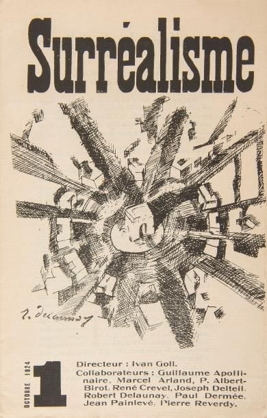 [REVUE].
Surréalisme.
Paris, octobre 1924. — Facsicule in-8, 253 x 163 : (6 ff.), couverture illustrée. Agrafé.

Seul numéro paru de cette revue surréaliste créée par Ivan Goll et à laquelle collaborèrent directement ou indirectement Guillaume Apollinaire (Lettre à Paul Dermée de mars 1917), Marcel Arland, Pierre Albert-Birot, René Crevel, Joseph Delteil, Robert Delaunay, Paul Dermée, Jean Painlevé et Pierre Reverdy.
Yvan Goll y propose en tête un Manifeste du surréalisme qu’il oppose à celui de Breton : « Le surréalisme ne se contente pas d’être le moyen d’expression d’un groupe ou d’un pays : il sera international, il absorbera tous les ismes qui partagent l’Europe, et recueillera les éléments vitaux de chacun… Notre surréalisme retrouve la nature, l’émotion de l’homme, et va, avec un matériel artistique complètement neuf, vers une construction, vers une volonté. »
Le numéro est illustré d’une composition de Robert Delaunay sur la couverture.

Exemplaire parfaitement conservé.