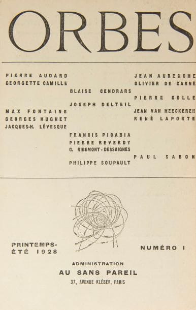 [REVUE].
Orbes.
Paris : Au Sans Pareil, [puis] José Corti, 1928-1935. — 8 numéros in-12, 188 x 117. Brochés, chemise et étui toilés.

Collection complète des 2 séries de ces cahiers dirigés par Jacques-Henry Lévesque et Olivier de Carné, auxquels collaborèrent Blaise Cendrars, Joseph Delteil, Georges Hugnet, Francis Picabia, Pierre Reverdy, Georges Ribemont-Dessaignes, Philippe Soupault, Tristan Tzara, August Strindberg, Erik Satie, Hans Arp, Fernand Léger, etc.
Chaque série parut en 4 numéros, la première ayant été publiée de 1928 à 1933, la seconde de 1933 à 1935. La 4e de couverture du dernier numéro est illustrée d’une composition de Marcel Duchamp.

Exemplaire sur papier ordinaire, parfaitement conservé malgré une petite trace de mouillure sur le bas de la couverture du fascicule numéro 2 de la 2e série.