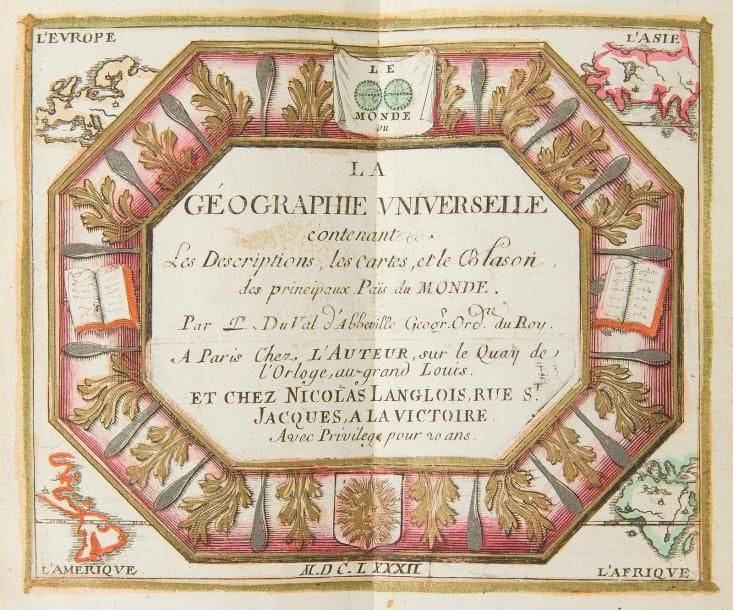 DU VAL (Pierre).
La Géographie du temps, qui fait voir l’estat present des IV. Parties du monde, C’est à dire, les religions, les coutumes & les Richesses des Peuples : Les Forces & les Gouvernemens des Estats : Ce qui est de plus beau & de plus rare dans chaque Region : Et autres particularitez pour sçavoir l’Histoire & l’interest des Princes. 
Paris : l’auteur, Nicolas Langlois, 1682. — In-12, 154 x 87 : titre gravé, (4 ff.), 312 pp., 11 planches (sur 12), 51 cartes ; titre gravé, (1 f.), pp. 313-616, 29 planches, 31 cartes. Veau marbré, dos à nerfs orné, roulette dorée intérieure, tranches marbrées (reliure de l’époque).

Première édition sous ce titre et la dernière publiée du vivant de l’auteur, de la Géographie universelle de l’historien et géographe Pierre Du Val (1619-1683). L’originale parut vers 1660.
Cet atlas de poche est aujourd’hui devenu très rare. Il comprend ici 2 titres, 2 tableaux et 82 cartes gravés sur cuivre sur double page, ainsi que 38 (sur 39) planches représentant les blasons des principaux pays du monde. La première page du texte est également entièrement gravée, comprenant une vignette portant l’emblème de Louis XIV. Il existe pour cette édition deux états du titre, l’un entièrement gravé à la seule adresse de l’auteur, le second, comme ici, imprimé aux adresses de l’auteur et de Nicolas Langlois.
Exemplaire en reliure de l’époque, comprenant les deux titres gravés et les blasons entièrement rehaussés en couleurs et parfois à l’or, et toutes les cartes, à l’exception d’une, avec les frontières en couleurs.
Il porte sur la première garde blanche la signature « Delahaye aîné 1810 » qui pourrait correspondre à celle du graveur de carte Jean-Baptiste-Henri Delahaye (17..-18..?), fils de Jean-Baptiste Delahaye et frère aîné de Guillaume-Nicolas Delahaye.

Charnières et coins restaurés, les charnières présentent malgré tout des craquelures et des fentes. Frottements d’usage aux nerfs. Il manque entre les pages 200-201