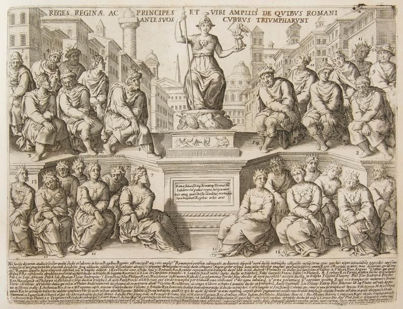 LAURO (Giacomo).
Antiquae urbis splendor. [Suivi de] : Antiquitatum urbis liber secundus. [De] : Antiquæ urbis splendoris co(m)plementu(m). [Et de] : Antiquæ urbis vestigia quæ nunc extant.
Rome : Lauro Giacomo, [1625]-1628. — 4 parties en un volume in-4 oblong, 219 x 307 : [49 ff.] ; [34 ff.] ; [42 ff.] ; [41 ff.]. Vélin ivoire souple, encadrement d’une roulette dorée avec fleuron doré aux angles intérieurs et écusson vide doré au centre sur les plats, dos lisse orné, tranches dorées (reliure de l’époque).

Première édition collective en partie originale, réunissant les 3 premiers titres en seconde édition de 1625 et la quatrième en édition originale.
Les 3 premiers recueils parurent pour la première fois en 1612, 1613 et 1615. Ces premières éditions se différencient de la présente seconde par l’ajout de notices imprimées en italien, allemand et français en regard des gravures.
L’ensemble comprend 168 planches gravées en taille-douce par Lauro Giacomo, réparties sur 166 feuillets. Le recueil s’ouvre sur un portrait du pape Urbain VIII mais on y trouve également ceux de Sigismond III, roi de Pologne et de Suède (1566-1632) au verso de l’épître de la première partie, et de Charles-Emmanuel de Savoie au verso de l’épître de la seconde partie.
Les planches, légendées en latin dans la plaque, représentent pour l’essentiel les principaux monuments antiques d’Italie. Bien que médiocres, elles ont été une véritable source d’inspiration et de recherche pour les historiens et les écrivains de l’époque.
Exemplaire dans sa première reliure en vélin doré portant sur les plats un écusson resté vierge. Il provient de la bibliothèque de la comtesse de Tencin, dont l’ex-libris manuscrit figure sur la première doublure, et passa logiquement ensuite dans les collections du marquis de Monteynard au château de Tencin.

Plissures à la reliure, renforcements aux charnières intérieures. Premier et derniers feuillets plissés. Déchirures sur les bords de la pla