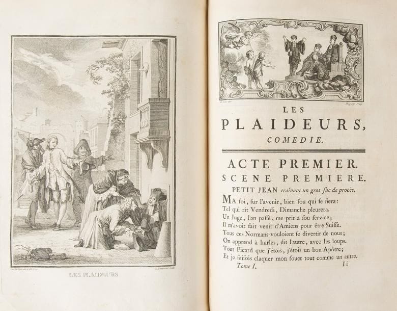 RACINE (Jean).
Œuvres.
Paris, 1760. — 3 volumes in-4, 282 x 212 : portrait, (2 ff.), xviij pp., (3 ff.), 414 pp., (1 f. blanc), 5 planches ; (2 ff.), iv, 447 pp., 5 planches ; (2 ff.), iv, 412 pp., 2 planches. Veau blond, triple filet doré en encadrement sur les plats, dos à nerfs orné, roulette dorée intérieure, tranches dorées (reliure de l’époque).

L’une des plus belles et des plus luxueuses éditions des œuvres de Jean Racine.
Elle est illustrée en premier tirage d’un portrait de l’auteur gravé par J. Daullé, de 3 vignettes de titre, 13 en-têtes, 60 culs-de-lampe et 12 planches, gravés par Chevillet, Baquoy, Legrand, Flipart, Tardieu, Le Mire, Aliamet, Lempereur, Sornique d’après les compositions de Jacques de Seve.

Coiffes de tête arasées, coins émoussés, frottements d’usage aux dos et sur les plats. Travaux de vers aux mors, fente à hauteur des deux caissons inférieurs à la charnière du premier plat du premier volume. Rousseurs éparses, quelques feuillets brunis. Taches aux pages 69 à 73 du premier volume. 