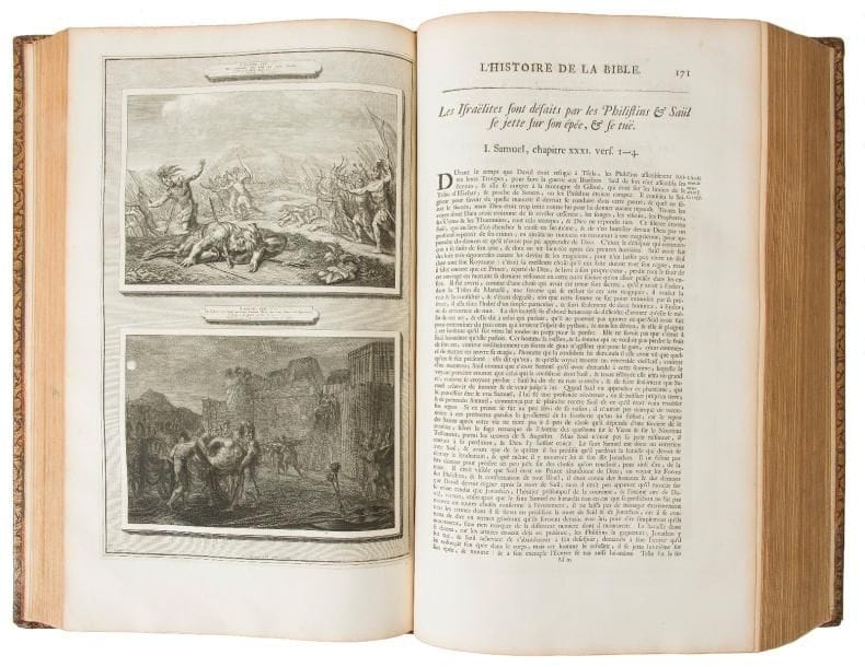 [BIBLE].
Histoire du vieux et du nouveau testament, Enrichie de plus de quatre cens figures En Taille-Douce, &c.
Amsterdam : Pierre Mortier, 1700. — 2 tomes en un volume in-folio, 440 x 279 : frontispice, (11 ff.), 282 pp., (4 ff.), 141 planches ; frontispice, (11 ff.), 154 pp., (6 ff.), 20 pp., 73 planches, 5 cartes. Maroquin rouge, triple filet doré en encadrement sur les plats, dos à nerfs orné, roulette dorée intérieure, tranches dorées (reliure vers 1760).

Delaveau-Hillard, Bibles imprimées du XVe au XVIIIe siècle, n°1329.
Superbe Bible illustrée, dite « Bible de Mortier », du nom de son imprimeur, dans la traduction française, très estimée, du pasteur d’Utrecht David Martin (1639-1721).
Elle est illustrée de 2 frontispices, 2 vignettes de titre, 3 en-têtes, 2 lettrines, 29 culs-de-lampe, 214 planches (141 dans le premier tome et 73 dans le second, proposant 429 scènes de la Bible) et 5 grandes cartes dépliantes.
Toutes ces compositions ont été gravées à l’eau-forte sous la direction du peintre et aquafortiste hollandais David Van der Plaes (1647-1704) d’après les meilleurs artistes de l’époque tels que Bernard Picard (1673-1733), Jan Goeree (1670-1731), Ottmar Elliger (1666-1735), Philipp Tideman, etc.
Exemplaire comprenant bien l’épître de Martin aux bourgmestres d’Utrecht que l’on ne trouve pas dans tous les exemplaires. La dernière planche du tome II ( n°73) est en première épreuve, sans la trace des clous, c’est-à-dire avant la réparation qui avait été effectuée sur la planche qui s’était brisée en cours de tirage.
Très bel exemplaire relié en maroquin rouge en un volume vers 1760. Il provient de la bibliothèque de Guillaume-Claude Laleu, secrétaire du roi et notaire parisien notamment de Voltaire.

Frottements et petit accroc à la coiffe inférieure, coins légèrement émoussés. Quelques traces d’humidité sur les plats. Trois premiers feuillets du premier tome rapportés. Très habile restauration à l’angle inférieur du fronti