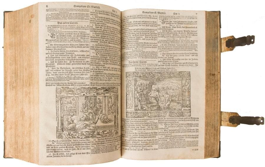 [BIBLE].
Biblia, das ist : die gantze Heilige Schrifft Alten und Neuen Testaments,…
Tubingen : Johann Heinrich Philipp Schram, 1748. — 2 parties en un volume in-folio, 357 x 218 : frontispice, (14 et 21 ff.), 864 pp. mal chiffrées 862 ; 284 pp., (8 ff.). Peau de truie sur ais de bois, plats ornés d’un décor à froid composé de fers et de roulettes en encadrement, bouillons et ombilic en métal repoussé présentant un décor de feuillage et de fleurs, dos à nerfs, tranches anciennement bleues, fermoir en peau de truie et métal ciselé (reliure allemande de l’époque). 

Nouvelle édition de la bible de Luther, imprimée en caractères gothiques sur deux colonnes. Elle débute par une préface du théologien, professeur à Tübingen, Johann Christian Klemm (1688-1753) suivie d’une vie de Martin Luther. Le Nouveau testament possède une page de titre et une pagination particulières.
Cette édition est abondamment illustrée. Elle comprend en effet un frontispice gravé sur cuivre non signé et 101 vignettes sur bois dans le texte, chacune présentée dans un cadre ornemental. Certaines vignettes sont signées des initiales I.B., M.S. ou V.S. Les lettres M.S. pourraient désigner Mathieu Schultes, graveur sur bois à Ulm et les lettres V.S. le peintre et graveur Virgile Solis.
Exemplaire enrichi entre le feuillet 14 et le début de l’ancien testament, du livre de l’exode en 35 feuillets, provenant d’un autre exemplaire. Il est illustré de 17 grandes gravures sur bois dont 16 signées D.R. désignant problablement le graveur et aquafortiste David Reninger.

Très bel exemplaire dans sa première reliure, très bien conservé. Elle manque à Delaveau-Hillard, Bibles imprimées du XVe au XVIIIe siècle.
Quelques rousseurs éparses et petites mouillures sans gravité.
