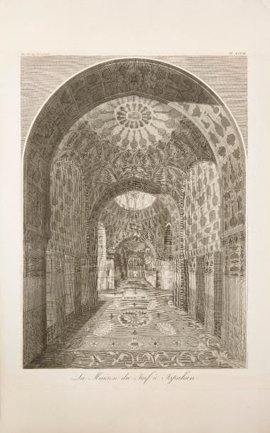 CHARDIN (Jean).
Voyages du chevalier Chardin, en Perse, et autres lieux de l’Orient… Nouvelle édition. Atlas.
Paris : imprimerie de Le Normant, 1811. — In-folio, 459 x 363 : portrait, (2 ff.), 1 carte, 63 planches. Cartonnage beige de l’époque, étiquette imprimée sur le premier plat.

Chadenat, 4730.
Atlas seul des voyages en Orient de Chardin, qui accompagne habituellement l’édition très prisée en 10 volumes de 1811.
Il se compose d’un portrait de Chardin gravé par César Macret, d’une carte en couleurs dépliante, représentant la Perse, la Turquie d’Asie et une partie de la Terre sainte, dressée par P. Lapie, et de 63 planches, figurant une carte et 81 vues, costumes, plans, bas-reliefs, etc.

Exemplaire dans son cartonnage d’attente d’origine. Dos absent, frottements sur les plats. Très bon état intérieur. La grande carte a été imprimée sur papier vergé, le reste est sur papier vélin.
