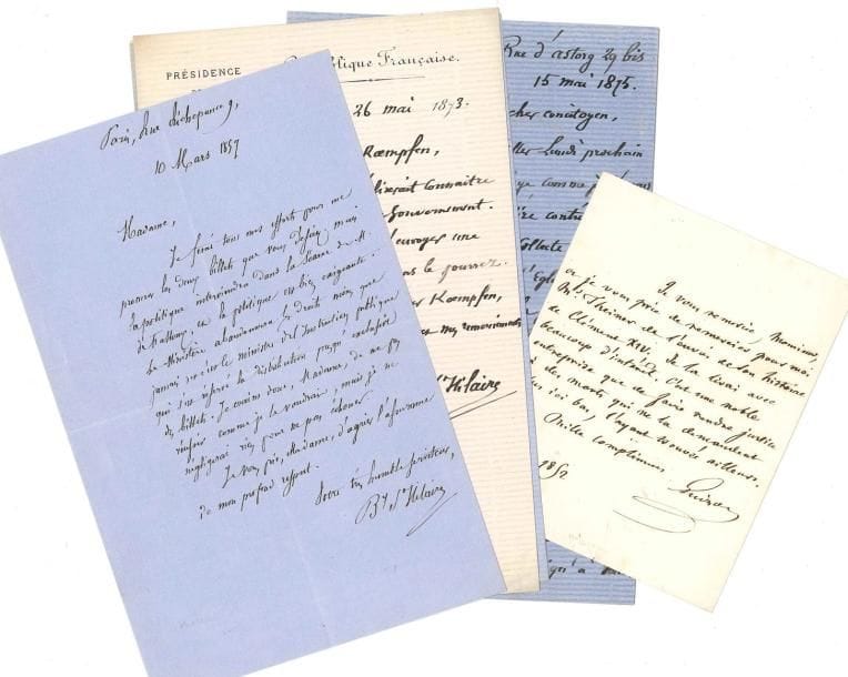 H+B167istoriens. 27 lettres ou pièces, la plupart L.A.S.
   Jules Barthélemy-Saint-Hilaire (4, 1857-1875, parlant notamment de Thiers), Victor Cousin, Alfred-Auguste Cuvillier-Fleury (3), Léopold Delisle (à Étienne Charavay sur l’authenticité d’une lettre de Racine), Albert Duruy, François Guizot (1852, sur l’histoire de Clément XIV de Theimer), Gustave Hanotaux, Gabriel de La Landelle, Charles de Lasteyrie (sur le canal de Marseille au Rhône), Frédéric Le Play, Frédéric Loliée, Louis-Antoine-François de Marchangy, Alfred Nettement, Louis-Emmanuel Guignard vicomte de Saint-Priest (8, sur l’Encyclopédie du XIXe siècle en préparation), Philippe de Ségur (à l’amiral Jaurès). Plus un portrait gravé de Paul Thureau-Dangin.
