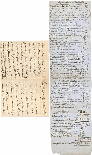 [Victor HUGO]. Juliette DROUET. P.A. et L.A., 1873-1874, à Victor Hugo ; 1 page in-fol. (41,5 x 11 cm) avec titre au dos, et 4 pages in-12.
    Dépense générale et recette du mois d’avril 1873 : récapitulatif journalier des dépenses, dont des mois de Blanche et Suzanne (30 francs à chacune), et d’Ambroisine (25), du bois, du charbon et beaucoup de voitures, faisant un total de 1 995,14 francs. La recette est moindre, et provient de remboursements de Suzanne et Blanche et d’argent « reçu de M. ».
   Paris 17 février 1874 mardi soir 7 h. Belle lettre d’anniversaire de leur liaison. « Cher bien-aimé, ce que tu dis tout haut mon cœur le soupire tout bas, ce que tu écris en lettres de flamme me brûle l’âme. Je t’aime passionnément, éperdument, religieusement comme les saintes aiment Dieu. Je m’en veux de n’être pas phisyquement à la hauteur de mon amour. Je voudrais, quitte à en mourir aujourd’hui même, te prouver que je t’adore comme la première fois où je me suis donnée à toi. Mais je suis retenue de mon côté, comme tu l’es du tien, par la crainte de te faire un mal irréparable. […] mon cœur souffre en même temps que la sagesse m’approuve et me donne le courage de me résister à moi-même »…
