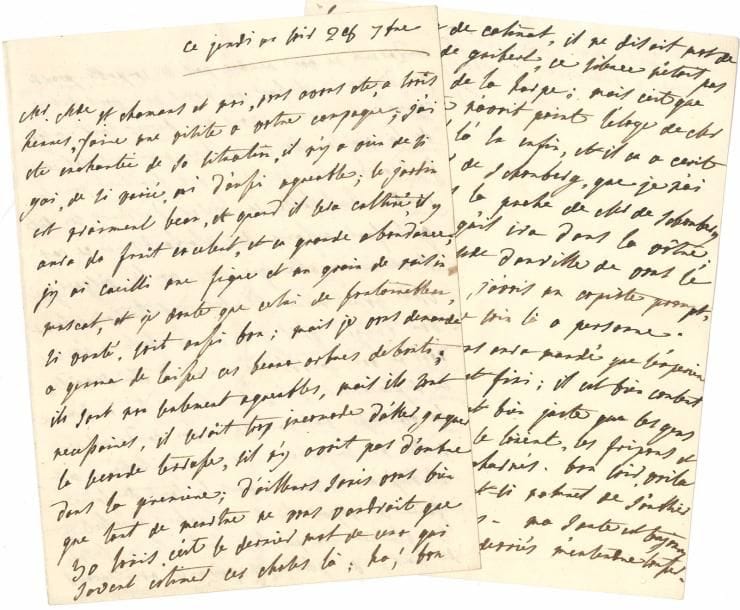 Julie de LESPINASSE. L.A., « ce jeudi au soir » 28 septembre [1775], [à Condorcet] ; 5 pages et quart in-4.
   Longue et belle lettre littéraire à Condorcet.
   Elle est allée visiter la campagne de Condorcet à Nogent : « j’ai été enchantée de sa situation, il n’y a rien de si gai, de si varié, ni d’aussi agreable ; le jardin est vraiment beau, et quand il sera cultivé, il y aura du fruit excelent, et en grande abondance ; j’y ai cueilli une figue et un grain de raisin muscat, et je doute que celui de Fontainebleau, si vanté, soit aussi bon ; mais je vous demande a genoux de laisser ces beaux arbres debouts ; ils sont non seulement agreables, mais ils sont necessaires, il seroit trop incomode d’aller gagner la seconde terrasse, sil n’y avoit pas d’ombre dans la premiere ; d’ailleurs savés vous bien que tant de meurtre ne vous vaudroit que 30 loüis. C’est le dernier mot de ceux qui savent estimer ces choses là ; ha ! bon Condorcet ne vous rendés pas si coupable pour si peu d’argent »...
   La maison est en bien mauvais état, et Julie énumère tous les travaux qui y seront nécessaires, puis donne des nouvelles de leurs connaissances, M. de Saint-Chamans, la duchesse Danville [La Rochefoucauld-d’Enville]. ...« Il y a un journal de Linguet qui fait ecumer de rage Mr de La Harpe, nous savons que penser de Linguet, mais de bonne foi, n’a t-il pas a se venger de Mr de La Harpe ? Et lorsqu’on a mis dans la boüe un homme, lorsqu’on a voulu le tuer a coup d’epingles et puis a coup de poignard, et qu’on ne la pas laissé mort sur la place, faut il bien s’etonner que cet homme se venge comme il peut ; hé bien Mr de La Harpe ne se possede pas. Il a de plus un petit mecontentement qu’il n’ose pas prononcer ; Mr de Voltaire a beaucoup loüe son eloge de Catinat, il ne disoit mot de celui de Mr de Guibert, ce silence n’etoit pas penible a Mr de La Harpe ; mais c’est que Mr de Voltaire n’avoit point l’eloge de Mr de Guibert. Il l’a lu enfin, et il en a ecrit un eloge a Mr de S