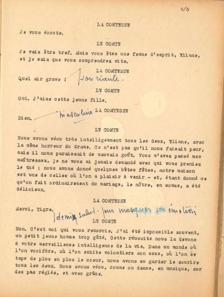 Jean ANOUILH. La Répétition ou “l’Amour puni”, comédie en cinq actes, [1950] ; dactylogramme ronéoté, in-4 de 25-35-32-24-16 pages, broché sous couverture rouge.
   Intéressant exemplaire de travail de la pièce créée le 27 octobre 1950 au théâtre Marigny par la compagnie Renaud-Barrault. Il comporte de nombreuses notes autographes, probablement portées lors des répétitions, concernant le jeu des acteurs : « moins vite », « plus brillant », « plus de classe », « trop tôt pincée », « trop pâle et orgueilleuse », « plus léger plus sang bleu », etc. On relève également quelques passages biffés.
   On joint un dactylogramme de Médée (48 p.), portant sur la couverture le nom de « Monelle Valentin » de la main d’Anouilh.
