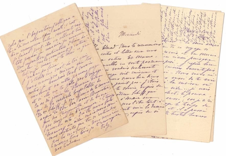 [Édouard ROD]. 68 L.A.S. de sa femme Valentine (« Vally »), 1891-1909, à Édouard Rod ; plus de 160 pages in-8 ou in-12 et 27 cartes postales.
   Belle correspondance de son épouse, qui signe le plus souvent « Ta Valy », la plupart écrites lors des fréquents voyages de Rod en Suisse et en Italie (Lausanne, Genève Rome, Sicile : 1903-1904, 1905, 1906, 1907). [6-14 mars 1903]. 4 très intéressantes lettres à propos de la vente Zola [Hôtel Drouot 9-13 mars 1903] : « Les tableaux de Cézanne se sont vendus fort chers » ; « Fasquelle a acheté les poupées italiennes » ; Mme Zola se dit mécontente du résultat de la vente, etc. Nouvelles de la famille et de la santé des enfants Francis et Marie… Elle raconte sa vie à Paris, ses sorties au théâtre ou au concert, ses nombreuses visites mondaines, celles des amis et des connaissances mondaines et littéraires… Allusion dans une lettre à l’Affaire Dreyfus dont elle déplore l’agitation et les témoignages de Picquart… Elle s’occupe des retours et renvois d’épreuves, du suivi de sa correspondance ; elle va prendre les eaux à Vichy ; part en vacances en famille (à Mâcon) alors que Rod reste à Paris… Janvier 1906 : 8 lettres à Rod qui, de retour d’Italie, est allé au chevet de Nancy Vuille à Genève : agonie, puis décès de Nancy, avec de grandes démonstrations d’affection de Valy et Marie… Elle se réjouit qu’il soit de retour à temps pour les élections présidentielles… Préparatifs d’une grande soirée dansante (11 février 1907)… Émouvante lettre à Rod qui se trouve au chevet de son ami Brewster (13 juin 1908)... Etc. 
   On joint un ensemble familial de 38 L.A.S. de Marie et Francis à leurs parents, 1903-1908 (certaines autour de la maladie et du décès de Nancy Vuille, qui était la marraine de Francis) ; 7 L.A.S de son beau-frère et 2 de son cousin à lui adressées ; et 1 L.A.S. du père de Rod (1890).
