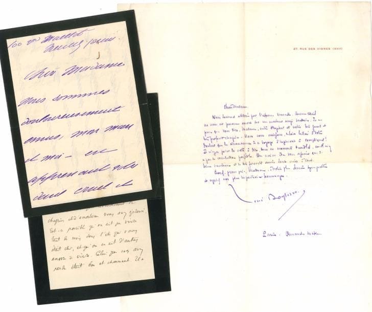 [Édouard ROD]. 6 L.A.S., [1910-1913], à Mme Édouard Rod ; 18 pages formats divers.
   Lettres de condoléances et de souvenir, après le brusque décès d’Édouard Rod (29 janvier 1910). Mme Paule Barrès, René Boylesve, René Doumic (2), Fernand Desmoulin, Georges de Porto-Riche.
