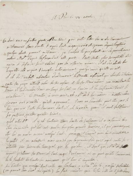 [D.A.F., marquis de SADE]. Marie-Madeleine Masson de Plissay, Mme Claude-René Cordier de Launay de MONTREUIL, dite la Présidente de MONTREUIL (1721-1789) épouse d’un président à la Cour des aides, belle-mère du marquis de Sade qui avait épousé en 1763 sa fille Pélagie. L.A.S. « M. de M. », Paris 23 août [1775], à l’avocat Gaufridy ; 4 pages et demie in-4.
   Longue et intéressante lettre dénonçant la conduite du marquis de Sade avec sa femme.
   « Il est des choses sur lesquelles elle ne peut s’aveugler interieurement quelqu’envie qu’elle en ait. Il est de nécessité absolue de découvrir le monstre infernal qui cherche à l’abuser contre son propre interêt celui de ses enfans et de son mari même, en reveillant la haine et la discorde dans un temps surtout où l’union et la confiance seroit si nécesseraire. Ce monstre, à mon avis, est Mr de S. [Sade] lui-même. […] Vous ne connoissez peut-être pas si bien que moi toutes les tournures dont il est capable quand il veut satisfaire ses passions, qu’elles qu’elles soient. […] ce n’est pas la première fois qu’il agit contre ses interêts pour suivre le transport qui le guide. Il sçait que Made de S. ne peut qu’estimer sa mere et tout ce qui l’entoure, et ne peut qu’être convaincue de la fausseté de toutes les noirceurs qu’il leur a imputées. […] Ne m’a t’il pas envoyé il y a trois mois sous la suscription de Madame, mais de son écriture a lui la copie d’une de ses lettres anonimes avec une grande colere (clairement simulée) et des citations que j’ai vérifié fausses. Dans le tout son style et ses vues percent »... Elle donne longuement son sentiment au sujet de ces lettres anonymes, et explique les raisons de ses soupçons, rapprochant les envois des lettres des déplacements de Sade entre Paris et la Coste ; sa fille lui a écrit « une lettre infâme, dictée ou soufflée par Mr dans sa colere », qui veut faire passer sa mère pour une persécutrice. Il faut absolument réussir à désabuser Mme de Sade, « de qui que viennent ces an
