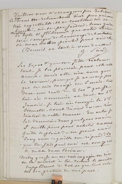 George SAND. 136 L.A.S., Paris ou Nohant 1844-1858, à son homme d’affaires Gabriel Falampin ; environ 210 pages la plupart in-8, montées sur onglets et reliées en un volume in-8 demi-veau fauve.
   Importante correspondance à son homme d’affaires, qui jette un jour nouveau sur les conditions d’existence de George Sand, sur sa fortune et sur ses biens, sur ses revenus et sur ses problèmes d’argent (rentrées difficiles, nombreuses dettes), ses dépenses et ses besoins, etc. Nous ne pouvons en donner ici qu’un trop bref aperçu.
   Elle charge Falampin de faire rentrer l’argent qui lui est dû par des journaux et revues (La Réforme), d’examiner ses traités avec les éditeurs Perrotin, Garnier ou Hetzel. Falampin était également directeur artistique de L’Illustration. Elle le prie de commander des vers au poète-ouvrier Charles Poncy : « il n’y a aucun moyen de lui faire accepter de l’argent si ce n’est en payement de son travail de maçon ou de poète »… Elle écrit pour lui un article sur les tapisseries de Boussac (la Dame à la Licorne), et elle lui envoie des dessins de son fils Maurice, notamment « un aspect très fidèles des pierres jômatres, ce cromlech celtique qui figure dans Jeanne »...
   À la fin de 1847, elle le charge de négocier avec l’industriel Delatouche la vente d’Histoire de ma vie, « une série de souvenirs et de réflexions, où je tâcherai de mettre quelque intérêt et quelque utilité pour toutes les classes de lecteurs. Ce ne seront point des confessions à la Jean-Jacques, ouvrage que je blâme autant que je l’admire, et où il confesse tout le monde, ce que je trouve assez sournois et rancuneux. Dieu merci je ne ferai de peine et de mal à personne. Il y a longtemps que je travaille à ramasser les matériaux de mes petits mémoires. Je n’ai plus qu’à mettre en ordre » (20 décembre 1847).
Falampin suit également pour Sand le procès qu’elle a intenté à la suite de la reproduction illicite de La Mare au Diable. Elle lui parle d’un projet d’édition expurg