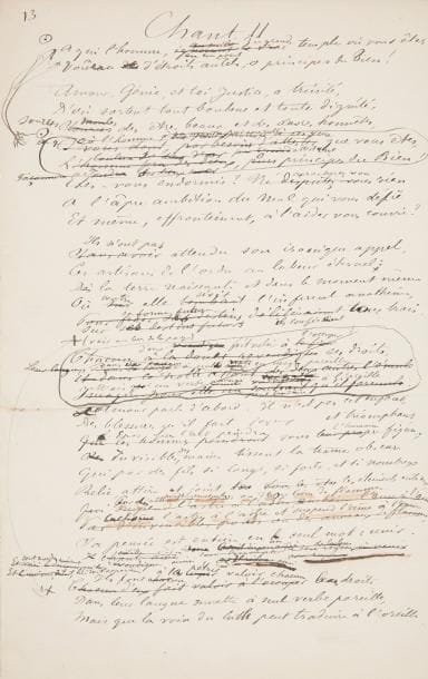 SULLY-PRUDHOMME (1839-1907). Poème autographe, Les Destins ; titre et 17 ff. in-fol. montés sur onglets, reliés en un vol. cartonnage bradel papier gris, pièce de titre maroquin rouge, étui.
   Manuscrit de travail des chants I et II de ce poème en trois chants publié chez Lemerre en 1872.
   Le texte, très travaillé, présente de nombreuses ratures et corrections, ainsi que des béquets avec de nouvelles rédactions collées sur le texte primitif. La page de titre précise « Prologue et premier chant », mais le prologue fut écarté, et la pagination commence à « 4 ». Les chants I et II mettent en scène la Terre avant la Création, convoitée par l’Esprit du Mal (chant I) et l’Esprit du Bien (chant II). Le premier chant du manuscrit est particulièrement retravaillé, et présente d’intéressantes variantes par rapport à la version publiée. En voici les premiers vers, avant modifications et l’addition d’une invocation à la Muse :
 « L’ère du grand tumulte et de l’effervescence
Est close. Chaque monde émerge et prend naissance
Vers le centre qu’il fuit toujours précipité,
Déjà tiède et solide, encore inhabité,
La Terre se dégage, et durcit, nue et blême,
Rien ne sent, rien ne pense, et nul ne hait ni n’aime.
Pas un souffle de vie. Il passe seulement,
Comme dans les sommeils, un bref tressaillement.
La matière indécise entre toutes les formes,
Hésite, en oscillant sur ses pôles énormes »...
   Ancienne collection Daniel Sickles (XVI, 7126).
