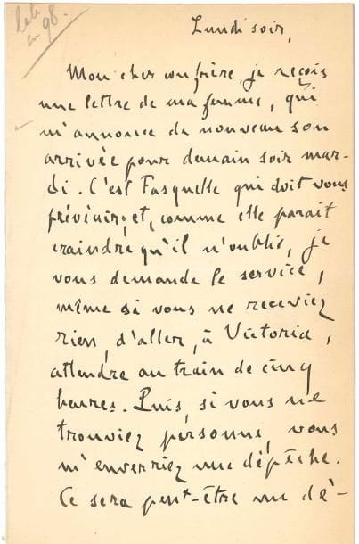 Émile ZOLA. L.A.S. « Z », [Upper Norward] Lundi soir [19 décembre ? 1898, à son traducteur anglais Ernest Vizetelly] ; 1 page et demie in-8.
   Lettre d’exil en Angleterre pendant le procès de J’accuse !
   « Mon cher confrère, je reçois une lettre de ma femme, qui m’annonce de nouveau son arrivée pour demain soir mardi. C’est Fasquelle qui doit vous prévenir ; et, comme elle paraît craindre qu’il n’oublie, je vous demande le service, même si vous ne receviez rien, d’aller, à Victoria, attendre au train de cinq heures. Puis, si vous ne trouviez personne, vous m’enverriez une dépêche. Ce sera peut-être un dérangement inutile, mais je serais désespéré si ma femme arrivait sans vous trouver »…
