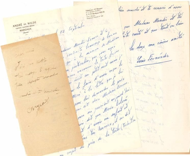 BEAUX-ARTS. 7 L.A.S. et 1 L.S., au galeriste René Mendès-France.
   Camille Bryen, Luis Fernandez (2, de Cantenac, parlant de Miró et d’un tableau), Ladislas Jahl, Sigismond Kolosvari, André Level (1929, parlant de Picasso et de Max Jacob), Mané-Katz, Geza Szobel (l.s.). On joint le fac-similé d’une lettre de Picasso à Béla Czobel, la copie d’un texte de Jean Cassou sur Jules Lefranc, et le catalogue d’exposition des Surindépendants (1957).
