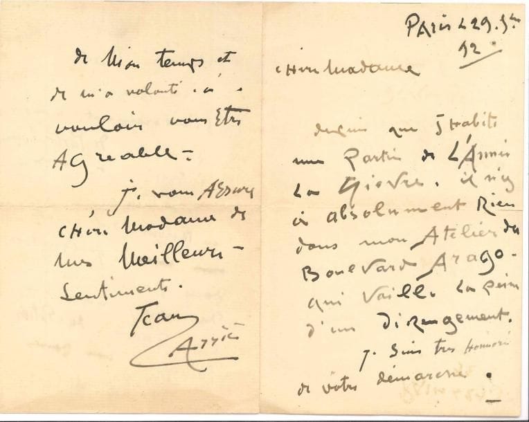 Jean CARRIèS (1855-1894) sculpteur. L.A.S., Paris 29 juin 1892, à la baronne de Langsdorff ; 3 pages in-8, enveloppe.
   Depuis qu’il habite une partie de l’année la Nièvre, « il n’y a absolument rien dans mon atelier du Boulvard Arago qui vaille la peine d’un dérangement ». Il regrette « bien sincèrement n’avoir rien ici de particulièrement intéressant à vous montrer. En retour s’il y avait quelque chose dans Paris, que vous désireriez voir en compagnie du potier statuaire, vous pouvez user de mon temps et de ma volonté, à vouloir vous être agréable »…
