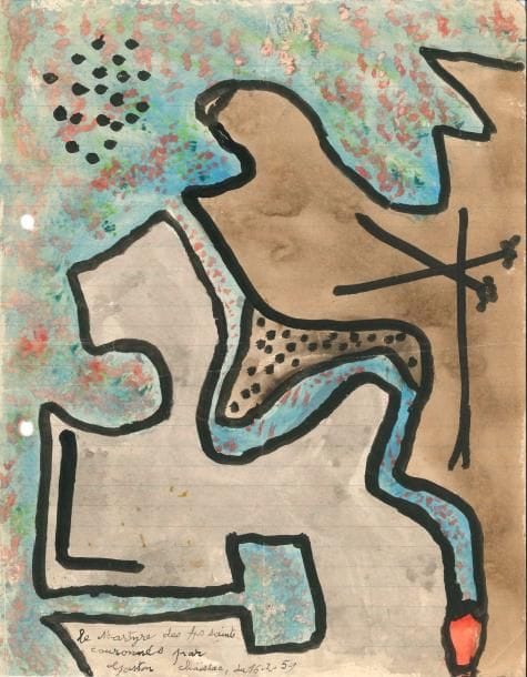 Gaston CHAISSAC. L.A.S. avec 2 poèmes autographes signés au crayon, au dos d’un dessin aquarellé original, légendé et signé, 16 février 1959 ; 2 pages in-4 (27 x 21 cm, trous de classeur).
   Belle lettre écrite au dos d’une aquarelle en pleine page.
   Le dessin, composition abstraite sur une pleine page, est légendé et daté : « Le Martyre des 40 saints couronnés par Gaston Chaissac, du 16-2-59 ».
    Au dos du dessin, la lettre évoque M. Pagani de la galerie Grattacielo à Milan, qui s’intéresse à la « production artistique » de Chaissac [il y sera exposé en 1961], Monique Reignier « élue reine des ardéchois de Paris »… « Melle Delpeuch, du passage à niveau de Cheyssac, commune de Vebret (Cantal), ayant oublié de fermer la barrière, André Beignier qui passait à vélomoteur s’est fait écraser par l’express Aurillac-Paris. Il semble également que le but des curés est de maintenir les crédules dans la crédulité pour continuer d’en vivre. Je peins, jardine et cuisine »…
   Les deux courts poèmes, sans titre, sont écrits en marge et tête-bêche de la lettre. « Ma fronde était garnie / Et devant ma tente /Je visais de mon mieux »… (7 vers). « La nuit des septs matins / L’âme en peine et les mains / Dans les poches j’ai poursuivi / Mon bout de chemin du jour »… (10 vers).
